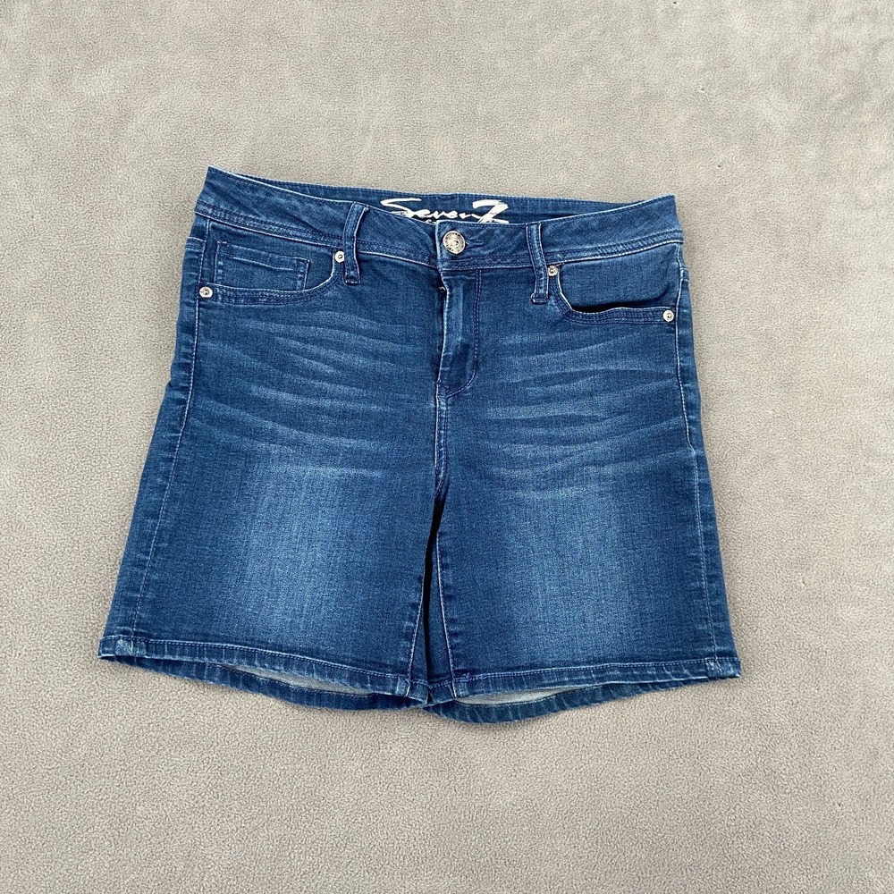Seven7 Jean Shorts Womens Size 8 Blue Denim Whiskered Cotton Stretch High Waist